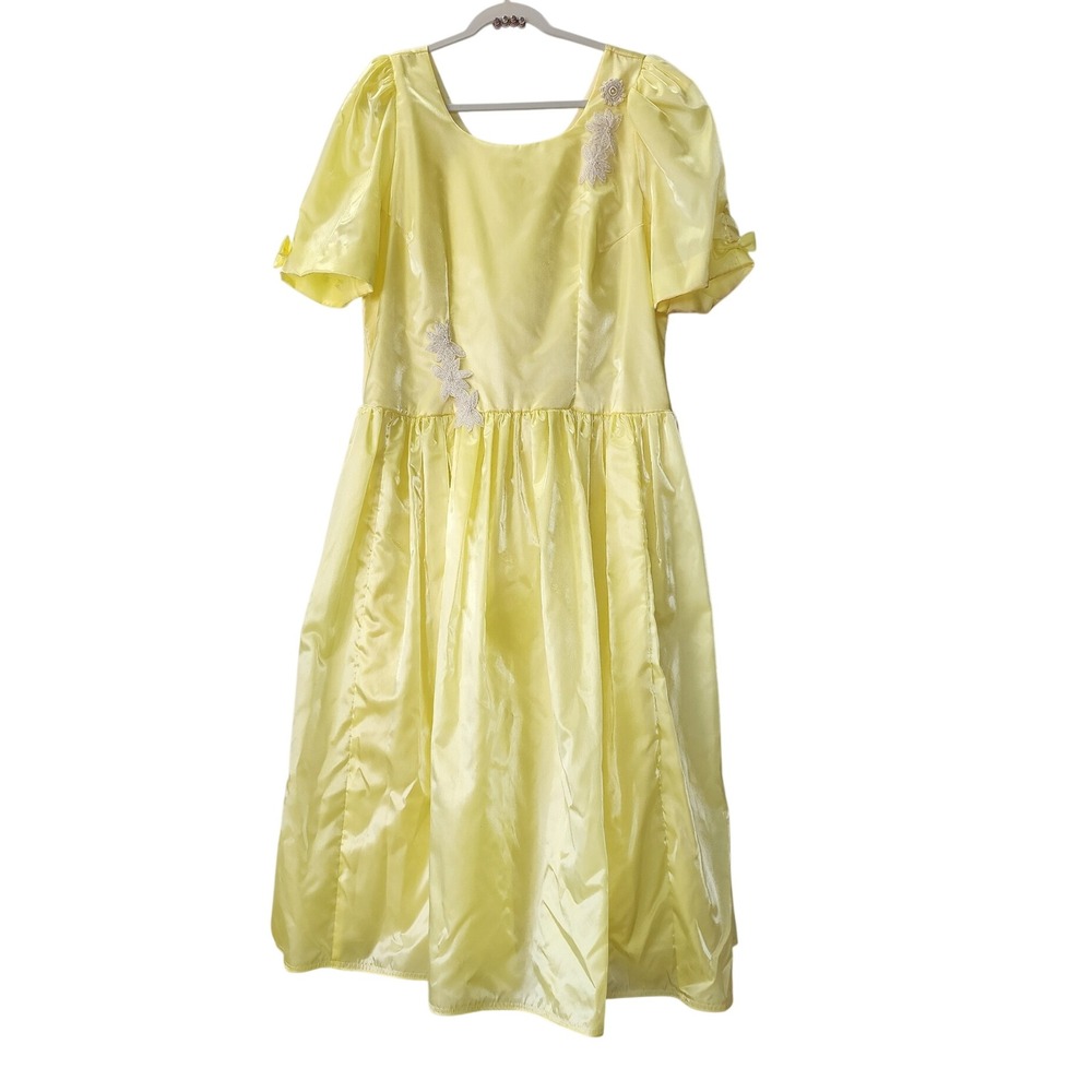 Vintage Yellow Satin Puff Sleeve Floral Applique Maxi Dress xl